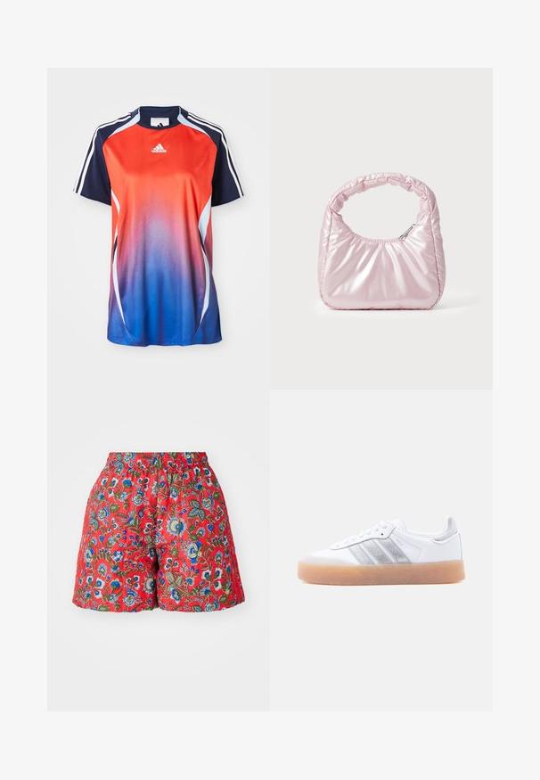 Adidas Sportshirt mit kurzen Ärmeln in einem Farbverlauf von Rot zu Blau, mit marineblauen Akzenten und weißen Streifen an den Schultern.; Rote Blumen-Shorts mit elastischem Bund. Verfügt über blau- und grün gepunktete Blumenmuster, glatte Textur und eine lockere Passform.; Weißer Sneaker in niedrigem Schnitt mit brauner Sohle, seitlichen silbernen Streifenakzenten und Schnürverschluss, dargestellt vor hellem einfarbigem Hintergrund.; Rosa, gepolsterte Handtasche mit abgerundeter Form, aus glänzendem Material gefertigt. Verfügt über einen gerafften Griff und einen Reißverschluss für sicheren Zugang.