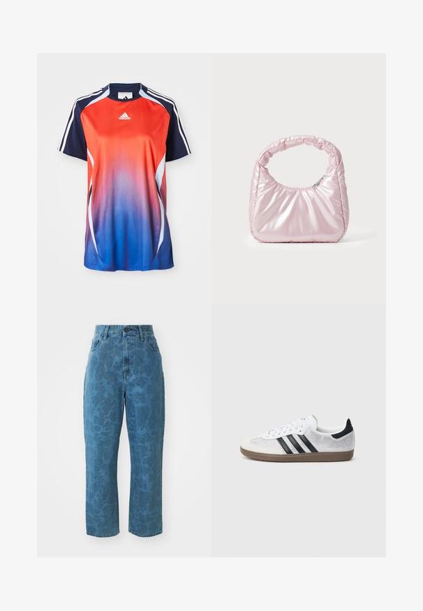 Adidas športová košeľa s krátkym rukávom s gradientom od červenej po modrú, s námorníckymi akcentmi a bielymi pruhmi pozdĺž ramien.; Svetlomodré denim nohavice s jemnou vzorovanou textúrou, vysokým pásom a rovný strih. Obsahujú predné zapínanie na gombík a zips.; Biele sieťované tenisky s čiernymi pruhmi, béžovým semišovým špičkovým a pätovým detailom, textúrovanou gumovou podrážkou a bielymi šnúrkami. Klasický nízky strih.; Ružová, polstrovaná kabelka s oblehnutým dizajnom, vyrobená z lesklého materiálu. Obsahuje naťahovanú rukoväť a zipsové uzatvorenie pre bezpečný prístup.