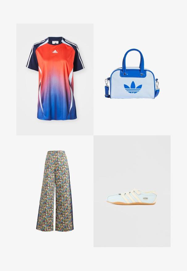 Adidas kortærmet sports T-shirt med en gradient fra rød til blå, med marineblå akcenter og hvide striber langs skuldrene.; Breddebenede blomsterbukser med en blå baggrund, der har et farverigt mønster af røde, gule og blå blomster samt en elastisk talje.; Lyseblå Adidas Tokyo-sneaker med beige tre striber, beige stropper og gummisål på en ensfarvet hvid baggrund.; Blå og hvid håndtaske med blank overflade, der har to blå håndtag, en aftagelig skulderrem og en markant blå logo på forsiden.
