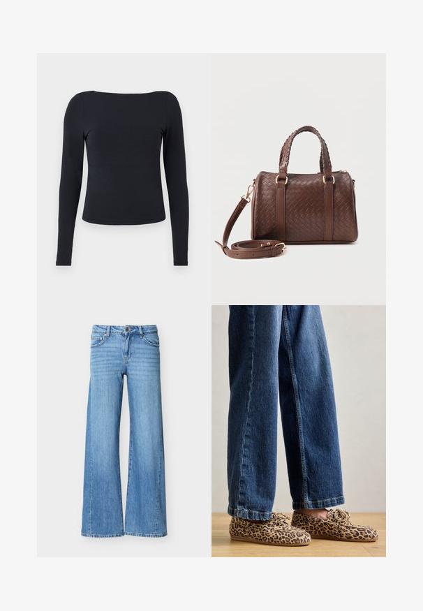 Zwarte lange mouw top van zachte, rekbare stof. Heeft een ronde hals en een aansluitende pasvorm, met een gladde textuur en zonder patronen.; Lichtblauwe denim jeans met een hoge taille, knoop- en ritssluiting, voorzakken en wijde pijpen.; Luipaardprint loafers van suede, met een ronde neus, vetersluiting en platte, flexibele zolen, gecombineerd met blauwe jeans.; Donkerbruine gevlochten leren handtas met dubbele gevlochten handvatten, gouden beslag en afneembare schouderriem opgerold aan de voorkant.