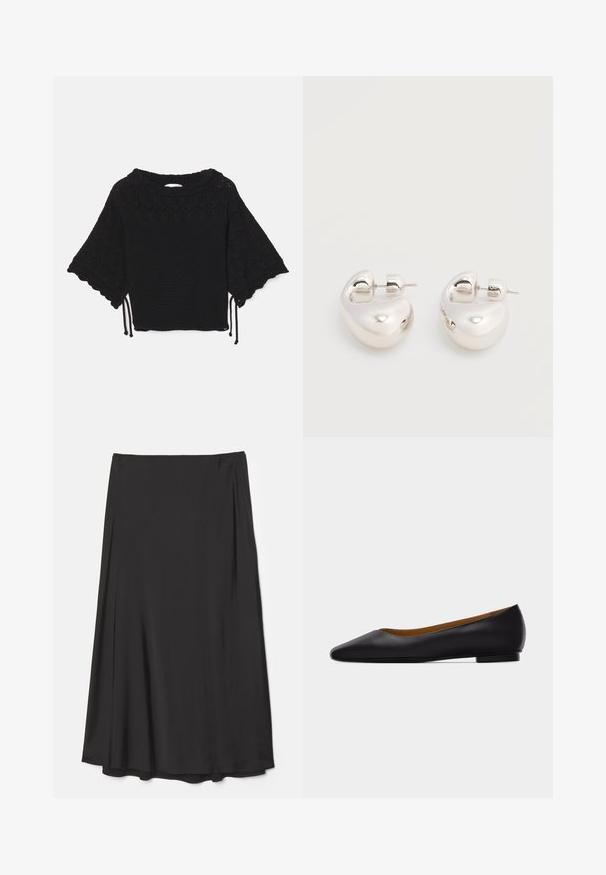 Haut noir en tricot à manches courtes présentant un motif texturé, des manches à volants et des détails de cordon de serrage à l'ourlet.; Jupe noire, longueur genou en tissu lisse ; présente un design fluide avec des drapés souples et sans fermetures visibles.; Chaussure plate en cuir noir à bout pointu avec talon bas et finition lisse, vue de côté sur un fond gris clair.; Paire de boucles d'oreilles argentées brillantes et épaisses avec fermoirs à tige, sur fond blanc uni.