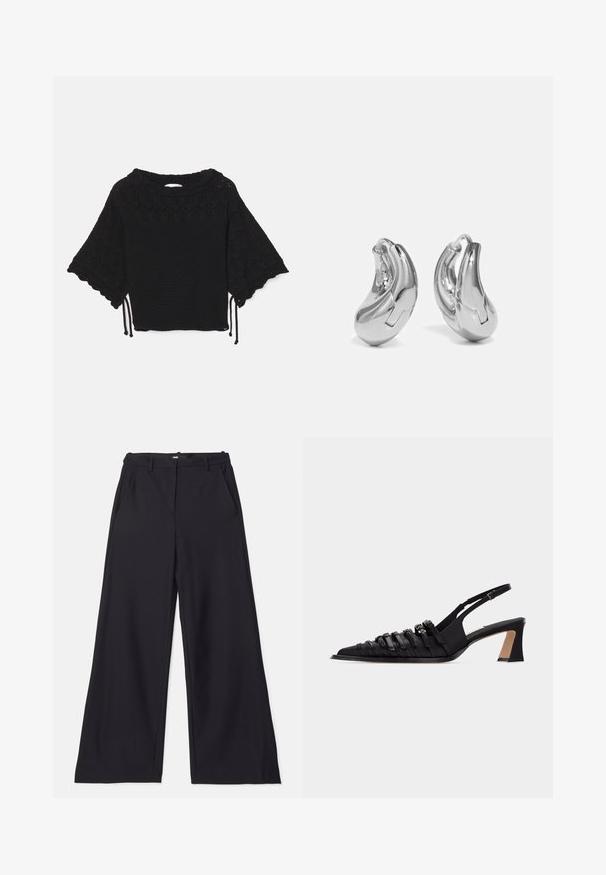 Haut noir en tricot à manches courtes présentant un motif texturé, des manches à volants et des détails de cordon de serrage à l'ourlet.; Maje PIMANO - Pantalon classique - noir; Escarpin slingback noir en cuir avec bout pointu, plusieurs brides à l'avant, une boucle ajustable à la cheville et un talon carré.; Boucles d'oreilles en argent en forme de créoles avec une finition incurvée et brillante, et un design sans couture. Équipées d'une fermeture à charnière pour un port sécurisé.