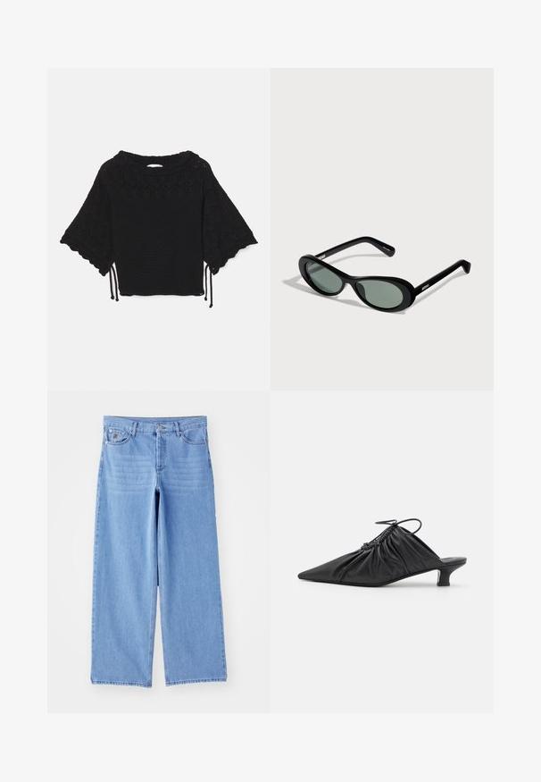 Zwarte gebreide top met korte mouwen, voorzien van een textuurpatroon, gegolfde mouwen en trekkoorddetails aan de zoom.; Lichtblauwe wijde jeans van denim, met een klassieke vijf-pocketontwerp en een knoopsluiting. Soepele textuur, rafelige zoom.; Zwarte leren instappers met een spitse neus, gegatherde textuur en een kleine kittenhiel. Heeft een trekkoorddetail aan de opening.; Zwarte ovale zonnebril met getinte glazen en dunne pootjes, afgebeeld tegen een lichte achtergrond met merknaam op de pootjes.