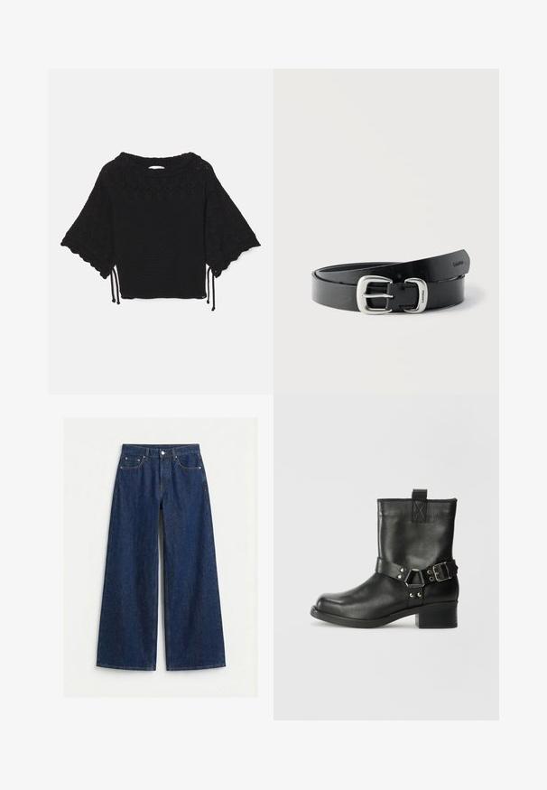Zwarte gebreide top met korte mouwen, voorzien van een textuurpatroon, gegolfde mouwen en trekkoorddetails aan de zoom.; Donkerblauwe denim jeans met wijde pijpen, knoop en rits aan de voorkant, riemlussen en een ontwerp met vijf zakken op een effen lichte achtergrond.; Samsøe Samsøe SABRENTA - Cowboy-/Bikerlaarsjes - black; Zwarte leren riem opgerold met zilveren metalen gesp gegraveerd met "Calvin Klein" tegen een effen witte achtergrond.