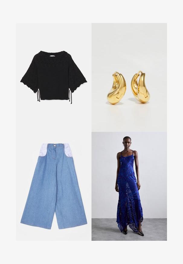 Schwarzes gestricktes Kurzarmoberteil mit einem strukturierten Muster, gewellten Ärmeln und Kordelzügen am Saum.; Helle blaue Jeans mit weitem Bein und kontrastierenden helllila elastischen Taschen. Verfügt über einen Frontknopfverschluss und sichtbare Nahtdetails.; Maxikleid im blauen und lila Tiermuster mit dünnen Trägern, einem taillierten Oberteil, ausgestelltem Saum und transparenten Überlagerungen.; Goldene Creolen mit einer glatten, geschwungenen Form und polierter Oberfläche. Mit einem Verschlussmechanismus und leichten Einkerbungen für Details.