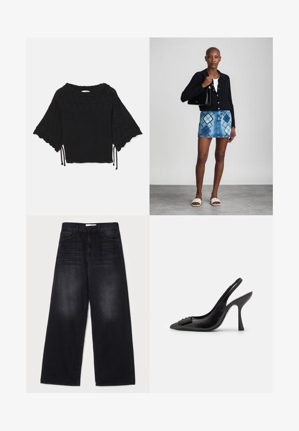 Zwarte gebreide top met korte mouwen, voorzien van een textuurpatroon, gegolfde mouwen en trekkoorddetails aan de zoom.; Mother THE SPINNER ZIP SNEAK - Relaxed fit jeans - black; Zwarte leren slingback schoen met een spitse neus, slanke hoge hak en een decoratieve strikaccent. Gladde textuur en elegant ontwerp.; Zwarte gebreide cardigan, witte top, denimrok met blauw en zwart ruitpatroon, zwarte handtas en beige instapsandalen.