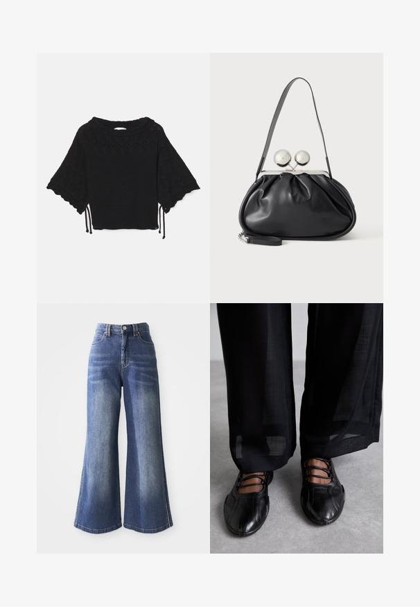 Schwarzes gestricktes Kurzarmoberteil mit einem strukturierten Muster, gewellten Ärmeln und Kordelzügen am Saum.; Weite Denim-Jeans in Mittelblau mit hoher Taille, fünf Taschen und kontrastierenden Nähten an den Säumen und Seiten.; MIISTA AVERIE - Riemchenballerina - black; Schwarze Ledertasche mit gerafftem Design, einem einzelnen Riemen, silbernem Metallrahmen und zwei großen runden silbernen Verschlüssen.