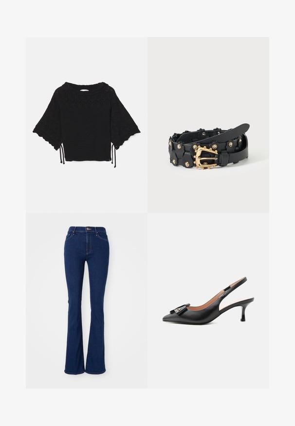 Zwarte gebreide top met korte mouwen, voorzien van een textuurpatroon, gegolfde mouwen en trekkoorddetails aan de zoom.; Uitlopende donkerblauwe jeans van katoen denim, hoog in de taille met vijf zakken, subtiele stikdetails en een gladde afwerking.; Zwarte leren slingback kittenheel met spitse neus en decoratieve strik met een klein gouden accent op een effen witte achtergrond.; Zwarte leren riem met kleine bloemvormige uitsnijdingen, gouden studs en een decoratieve gouden gesp met afgeronde studs, opgerold op een witte ondergrond.