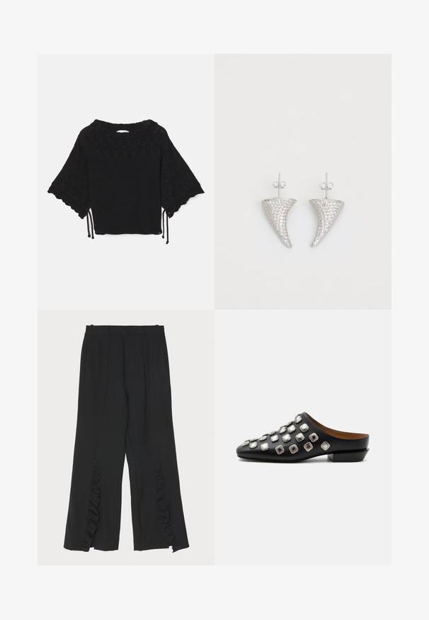 Top de punto negro de manga corta que presenta un patrón texturizado, mangas con forma de concha y detalles de cordón en el dobladillo.; Pantalones negros con un diseño de pierna ancha, que presentan acentos de volantes en las costuras laterales y una cinturilla plana. Textura de tela suave, corte a medida.; Zueco negro de cuero con tacón bajo, decorado con tachuelas cuadradas de plata distribuidas uniformemente por la parte superior.; Pendientes en forma de cuerno plateado, engastados con pequeñas piedras transparentes, que cuentan con un cierre trasero para su sujeción. Textura suave y acabado metálico.
