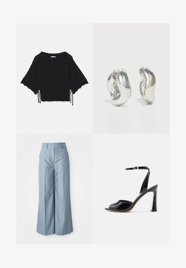 Haut noir en tricot à manches courtes présentant un motif texturé, des manches à volants et des détails de cordon de serrage à l'ourlet.; Pantalons larges bleu clair en tissu lisse avec une taille haute, deux boutons à l'avant et des coutures repassées pour un look sophistiqué.; Sandale à talon haut en cuir verni noir avec bout ouvert et fine bride à la cheville avec boucle sur fond blanc.; Boucles d'oreilles sculpturales en argent avec des formes douces et courbes et des surfaces réfléchissantes. Présentent un design de boucle fermée et une forme organique distincte.