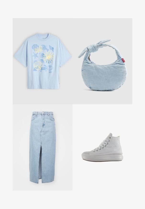 Hellblaues T-Shirt mit blauen und gelben grafischen Motiven von Muscheln, Seesternen, Krabben, Hummern und Sonne auf der Vorderseite sowie einem kleinen Levi's-Logo.; Hellblauer Jeansrock mit Schlitz vorne, Gürtelschlaufen und klassischem Fünf-Taschen-Design. Glatte Textur mit einem sauberen Finish.; Weißer High-Top-Canvas-Sneaker mit weißen Schnürsenkeln, metallischen Ösen, dicker Gummisohle und strukturierter Zehenkappe, nach links auf weißem Hintergrund ausgerichtet.; Hellblaue Jeans-Schultertasche mit Knoten-Detail am Griff und einem kleinen roten Levi's-Tag an der Seite.