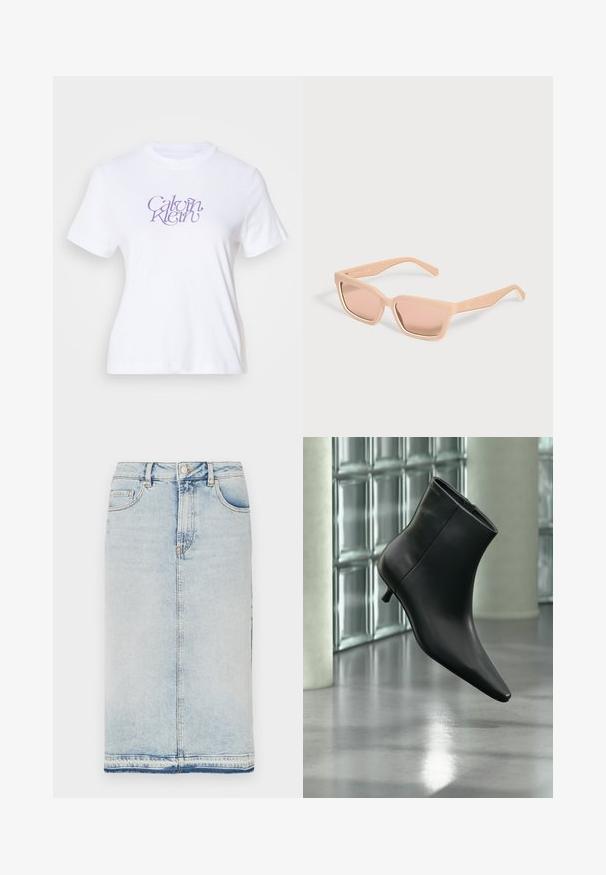 Camiseta de algodón blanca de manga corta con un logo estilizado en púrpura de "Calvin Klein" en la parte frontal. Escote redondo, corte clásico.; Falda midi de mezclilla en azul claro, con cinco bolsillos, corte recto y terminada con un dobladillo sin terminar. Cierre de botón de metal clásico y cremallera.; Botín negro de cuero con punta puntiaguda y tacón bajo estilo kitten, mostrado en ángulo sobre un suelo pulido y con una pared de bloques de vidrio de fondo.; Gafas de sol rectangulares color melocotón claro con montura gruesa y lentes tintadas a juego sobre un fondo claro y liso.