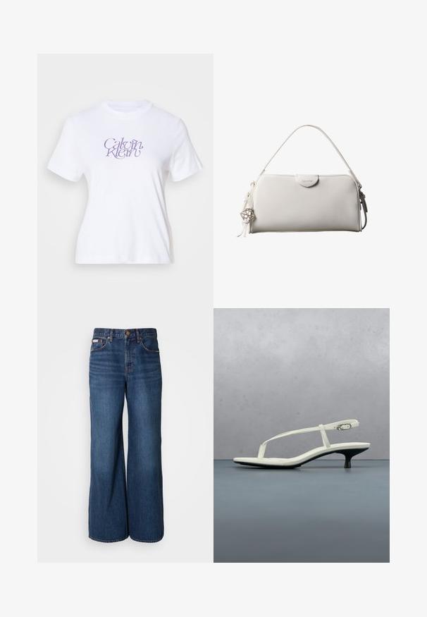 Hvid bomulds-t-shirt med korte ærmer, der har et lilla stiliseret "Calvin Klein" logo på forsiden. Rund halsudskæring, klassisk pasform.; Bredde jeans lavet af mørkeblåt denim. Funktioner inkluderer en høj talje, fem lommer og kontrasterende orange syninger langs sømmene.; Hvid sandal med stropper og kitten-hæl med spids tå, svævende over et trægulv udendørs med en sløret plante og væg i baggrunden.; Hvid rektangulær Calvin Klein håndtaske med enkelt håndtag, minimalistisk design og dekorative kvaster med geometrisk metalvedhæng på siden.