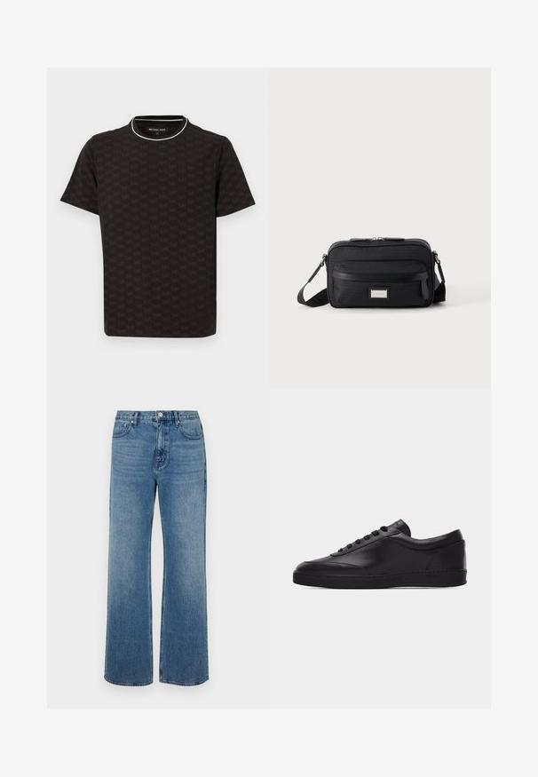 Zwart T-shirt met korte mouwen en een subtiel, overal aangebracht MK-logo, met een contrasterende witte kraagafwerking en een losse pasvorm.; Brede blauwe jeans van denim met een verouderde afwerking. Heeft vijf zakken, een sluiting met vooraan knoop en een rechte snit.; Zwarte lage leren sneaker met vetersluiting aan de voorkant en een platte rubberen zool, gezien van de zijkant tegen een effen witte achtergrond.; Zwarte rechthoekige crossbodytas met voorvak met ritssluiting, verstelbare schouderband en zilveren rechthoekige logo-plaat op effen achtergrond.