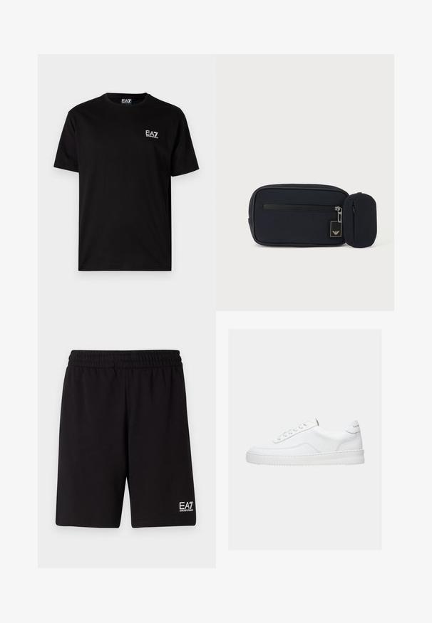 Μαύρη βαμβακερή μπλούζα t-shirt με κοντά μανίκια, στρογγυλή λαιμόκοψη και μικρό λευκό λογότυπο EA7 στο αριστερό στήθος. Λείο υλικό, κανονική εφαρμογή.; Μαύρες αθλητικές βερμούδες φτιαγμένες από μαλακό ύφασμα, με ελαστική μέση και ένα μικρό λευκό λογότυπο στην κάτω δεξία πλευρά.; Λευκό sneaker χαμηλού τόνου με σχέδιο δέσιμο κορδονιών, λείο δερμάτινο επάνω μέρος και παχύ πάτο, εμφανιζόμενο από πλευρική όψη σε απλό φόντο.; Μαύρο ορθογώνιο τσαντάκι με φερμουάρ εμπρός και μικρό στρογγυλεμένο τσαντάκι προσαρτημένο, πάνω σε ανοιχτό απλό φόντο.