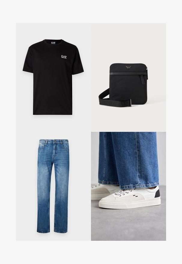 Schwarzes Baumwoll-T-Shirt mit kurzen Ärmeln, Rundhalsausschnitt und kleinem weißen EA7-Logo auf der linken Brust. Glatte Textur, normale Passform.; Blaue Jeans aus Denim mit geradem Schnitt, ausgestattet mit fünf Taschen, Gürtelschlaufen und subtilen Ausbleichungen im Stoff.; Weiße und schwarze Sneaker mit einem Obermaterial aus glattem Leder, strukturierten Akzenten und einer massiven weißen Sohle. Verfügt über ein klassisches Schnürdesign.; Schwarze quadratische Schultertasche mit Reißverschluss, Vordertasche und verstellbarem Riemen mit eingeprägtem Markennamen.