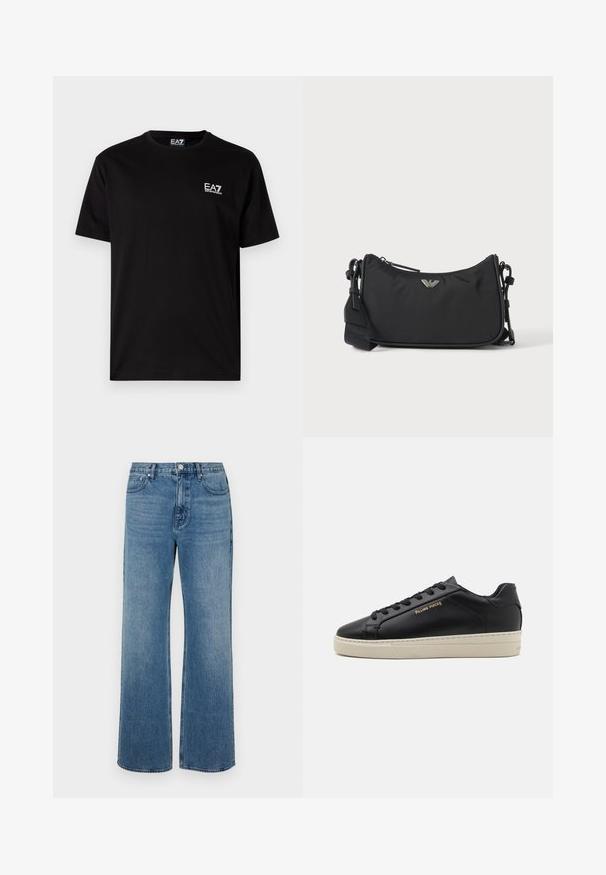 Zwarte katoenen t-shirt met korte mouwen, ronde hals en een klein wit EA7-logo op de linkerborst. Gladde textuur, normale pasvorm.; Brede blauwe jeans van denim met een verouderde afwerking. Heeft vijf zakken, een sluiting met vooraan knoop en een rechte snit.; Zwarte leren sneaker met een gladde afwerking, contrasterende crèmekleurige zool, ronde neus, gouden logo aan de zijkant en zes gaatjes voor veters.; Zwarte rechthoekige crossbodytas met zilveren merklogo-embleem en verstelbare band op een lichte achtergrond.