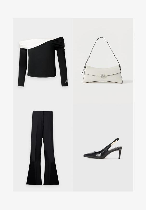 Sort, langærmet off-shoulder top med hvidt foldet draperet detaljer over brystet og lille hvid broderet design på venstre ærme.; Sorte flared bukser med en glat tekstur, der har et højt talje og skarpe læg, som strækker sig til de flagrende benåbninger.; Sort læder slingback højhælede sko med spidse tæer, glat overflade og en smal ankelrem med guldfarvede hardware detaljer.; Hvid skuldertaske i læder med buet klap, sort kant, justerbar rem og sølv dekorativ spænde på ensfarvet baggrund.