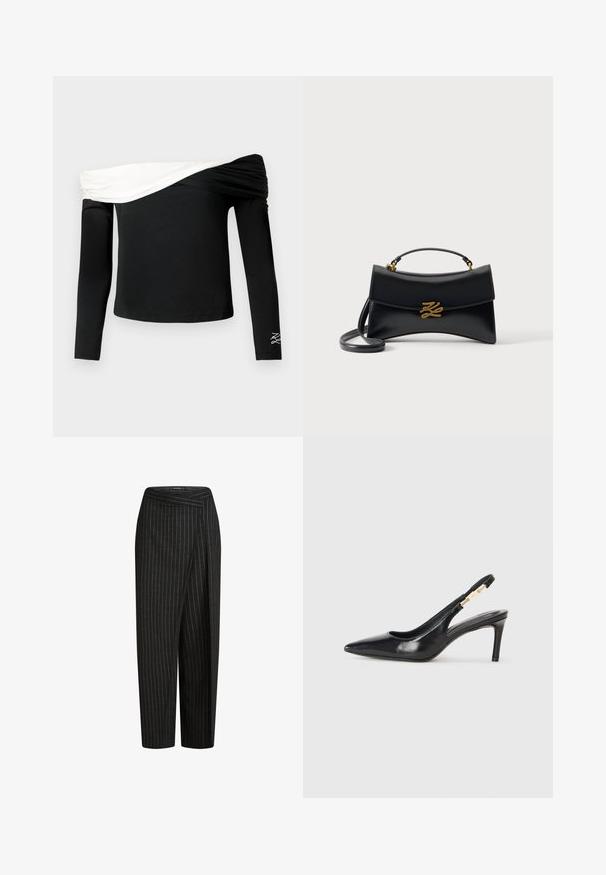 Sort, langærmet off-shoulder top med hvidt foldet draperet detaljer over brystet og lille hvid broderet design på venstre ærme.; Sorte bæltebukser med fine striber og vidde ben, der har en cropped længde og en foldet talje, der giver et skræddersyet udseende. Blødt stof.; Sort læder slingback højhælede sko med spidse tæer, glat overflade og en smal ankelrem med guldfarvede hardware detaljer.; Sort læderhåndtaske med buet klap, guldfarvet "KZ" logo-lås, top-håndtag og aftagelig skulderrem på en ensfarvet baggrund.