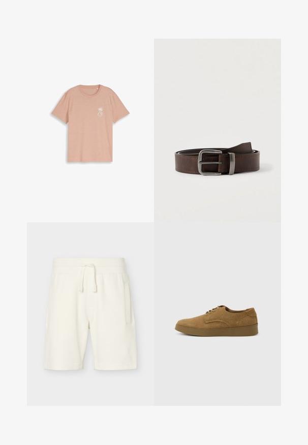 T-shirt beige à manches courtes avec col rond, petit motif de palmier blanc et texte "EST. 07 DENIM DESIGN STUDIO" sur le côté gauche de la poitrine.; Shorts blancs texturés mi-genoux avec taille élastique et cordon, dotés de poches latérales et d'une coupe décontractée.; Chaussure décontractée à lacets en daim marron avec semelle en caoutchouc plate, vue de côté sur un fond clair uni.; Ceinture en cuir marron foncé avec une boucle rectangulaire en argent, enroulée et placée sur un fond clair et neutre.