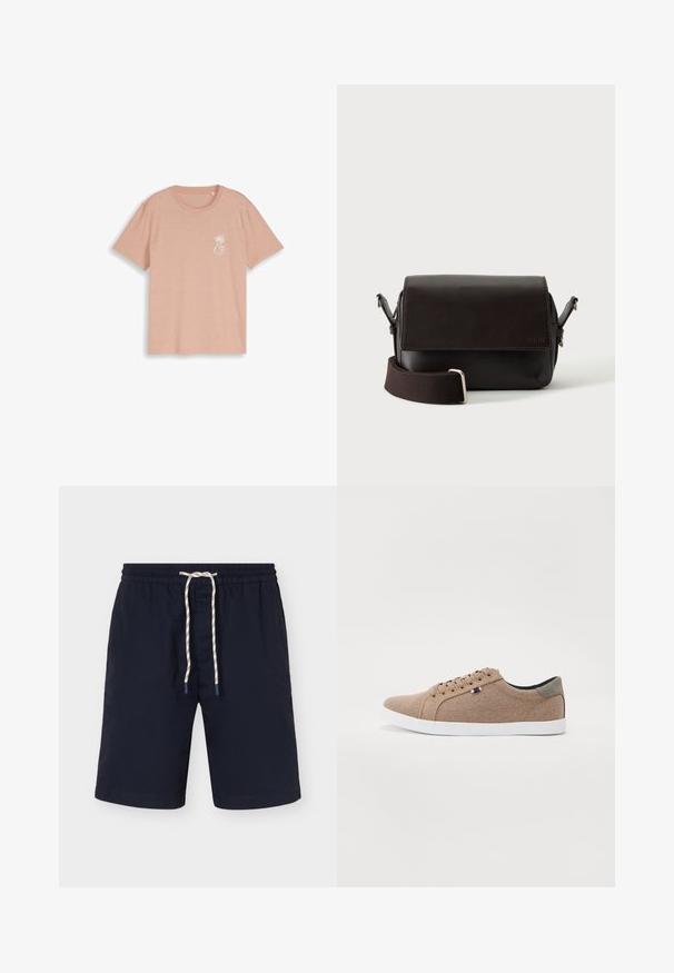 T-shirt beige à manches courtes avec col rond, petit motif de palmier blanc et texte "EST. 07 DENIM DESIGN STUDIO" sur le côté gauche de la poitrine.; Short de bain bleu marine avec taille élastique et cordon blanc à pois noirs, longueur genou, à plat sur fond blanc.; Baskets en toile beige avec un design basse, semelle en caoutchouc blanc et lacets ronds. Présente un accent de talon gris contrastant et un détail de logo.; Sac bandoulière en cuir marron foncé avec fermeture à rabat et sangle en tissu réglable sur fond blanc.