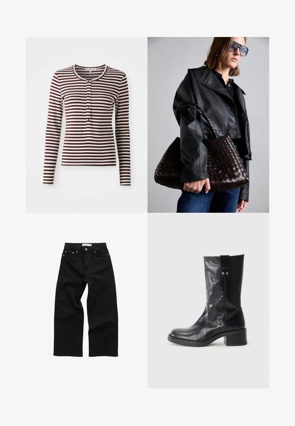 Langærmet top i bordeaux og creme striber. Har en rund hals, forreste knapper og en blød stoftekstur. Klassisk pasform design.; Sorte højtaljede boyfriend jeans med knap- og lynlås lukning, for- og baglommer med kobbernitter detaljer.; Sort læder ankelstøvle med rund tå, en beskeden stak hæl og en dekorativ sideflap. Materialet har en glat, poleret overflade.; DRAGON DIFFUSION SANTA CROCE BIG - Håndtasker - dark brown