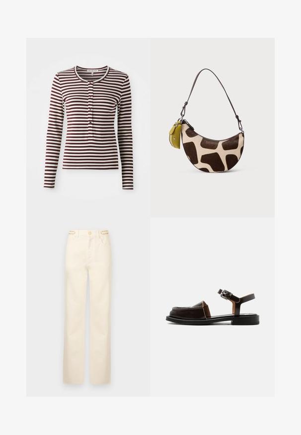 Langsleeve top in bordeauxrood en crème strepen. Heeft een ronde hals, knopen aan de voorkant en een zachte stoftextuur. Klassieke pasvorm.; Rabanne Straight leg jeans - off white denim; Donkerbruine leren platte sandaal met open teen, enkelbandje en zilveren gesp, lage hak en een gesloten bovenzijde met uitsnijdingen.; Klein handtasje in halve maanvorm met bruin-beige giraffepatroon, dunne donkere band en eraan bevestigd klein geel tasje.