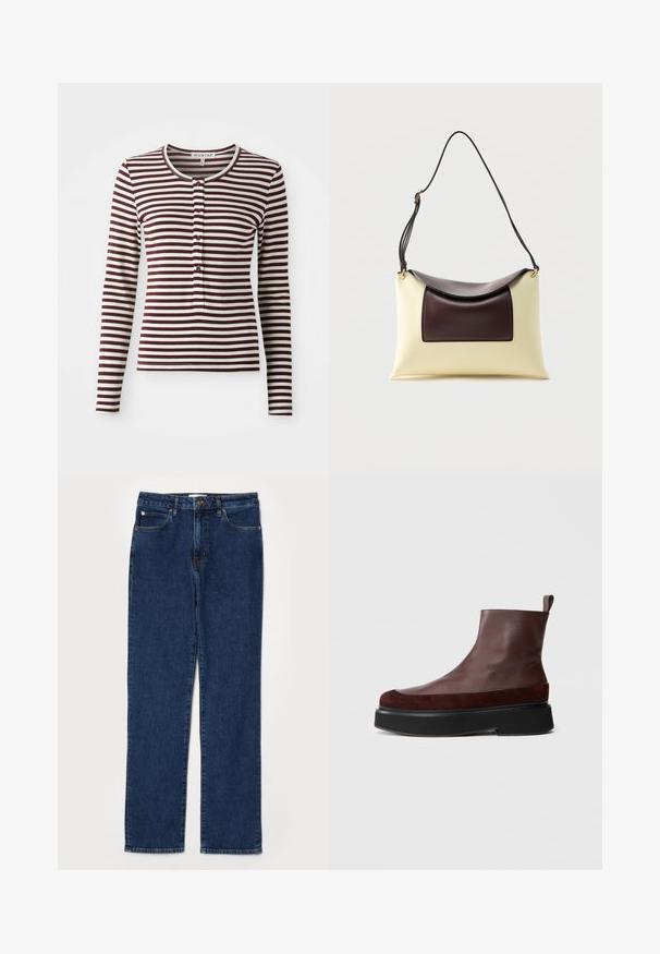 Langärmliges Oberteil in maroon- und cremestreifen. Verfügt über einen runden Ausschnitt, Vorderknöpfe und eine weiche Stofftextur. Klassische Passform.; Dunkelblaue Denim-Jeans im Gerade-Schnitt, fünf Taschen-Stil, mit einem stabilen Bund und sichtbaren Nähdetails.; Braune Leder-Stiefeletten mit einer robusten schwarzen Plattformsohle, die eine glatte Textur aufweisen und an der Rückseite eine kleine Schlaufe für einfaches Anziehen haben.; Schultertasche aus cremefarbenem und dunkelbraunem Leder mit abgerundetem Klappdeckel und verstellbarem schwarzem Riemen auf weißem Hintergrund.