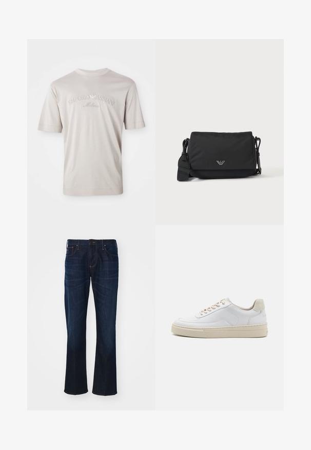 Camiseta de manga corta color beige claro, hecha de una tela suave, con el logo bordado "Emporio Armani Milano" en un tono ligeramente más oscuro.; Jeans de denim azul oscuro con corte recto, diseño de cinco bolsillos y detalles de costura notables. La tela tiene una textura suave.; Zapatilla blanca con parte superior de cuero suave, cordones beige y un tirador de talón de ante beige texturizado. Suela elevada para mayor altura.; Bolso bandolera negro con correa ajustable y pequeño emblema de logo plateado en la solapa frontal, mostrado sobre un fondo claro y liso.