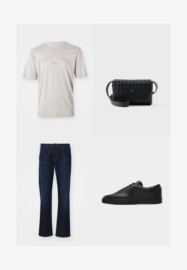 Camiseta de manga corta color beige claro, hecha de una tela suave, con el logo bordado "Emporio Armani Milano" en un tono ligeramente más oscuro.; Jeans de denim azul oscuro con corte recto, diseño de cinco bolsillos y detalles de costura notables. La tela tiene una textura suave.; Zapatilla baja negra de cuero con cordones en la parte delantera y suela plana de goma, mostrada de perfil sobre un fondo blanco liso.; Bolso bandolera negro con textura, cierre de solapa y un pequeño logo metálico en el frente, mostrado sobre un fondo liso.