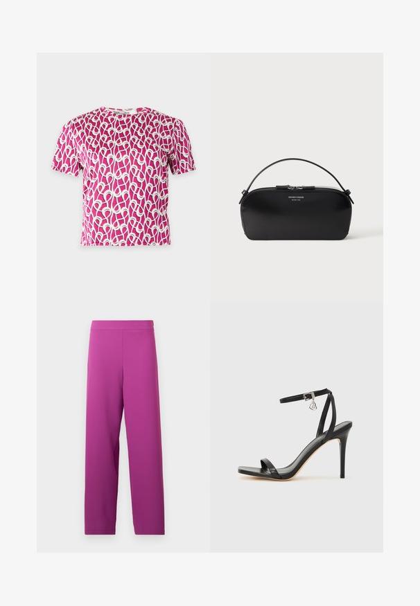 Kortærmet crop top med pink og hvidt abstrakt loop-mønster og rund halsudskæring på hvid baggrund.; Lilla wide-leg bukser lavet af blødt, strækbart stof. Har en høj talje og ingen synlig hardware eller mønstre.; Sort hæl-sandal med smal ankrem, firkantet tå-boks, glat lædermateriale og metalspænde som pynt.; Sort læderhåndledstaske med sølv lynlås og kort hank, prægede Emporio Armani Milano 1981-logo foran.