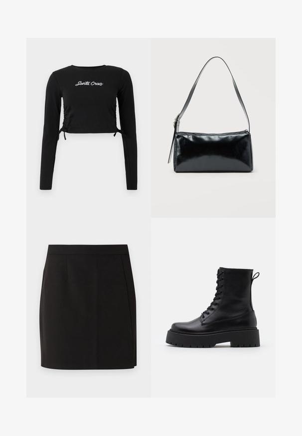 Sort langærmet cropped top med samlet side-detaljering, justerbare snore og hvid "Santa Cruz" broderi på forsiden.; Sort knælængde, lige nederdel med en tætsiddende talje og subtile sømdetaljer på en hvid baggrund.; Sorte læder ankelstøvler med rund tå, snørebånd foran og en tyk gummisål med struktureret slidbane. Hæfteløkke bagpå.; Sort rektangulær skuldertaske med en enkelt justerbar rem og lynlås i toppen på en ensfarvet baggrund.