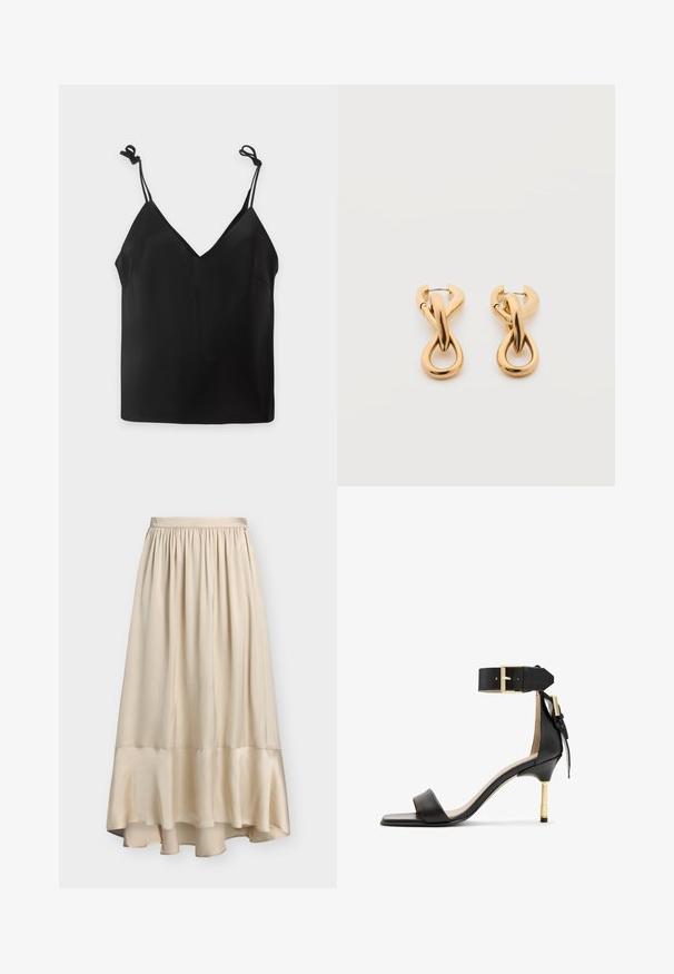 Haut caraco noir sans manches avec fines bretelles réglables nouées en nœuds sur un fond clair uni.; Jupe midi en satin couleur crème avec taille froncée et ourlet à volants, avec un dos légèrement plus long pour une silhouette asymétrique.; Sandale à talon en cuir noir avec un bout carré, une bride de cheville dotée d'une boucle en or et un talon métallique fin. Texture lisse, design minimaliste.; Paire de boucles d'oreilles créoles en bouclettes dorées brillantes sur fond blanc uni, présentant un design torsadé entrelacé.