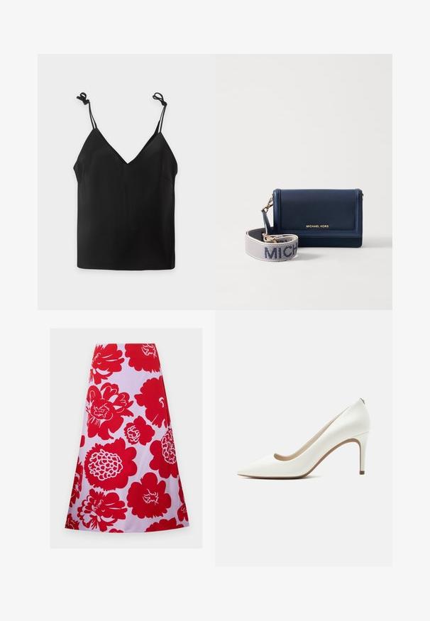 Schwarzes ärmelloses Camisole-Top mit dünnen, verstellbaren Trägern, die zu Schleifen gebunden sind, auf einem schlichten hellen Hintergrund.; Roter Rock mit floralem Muster auf weißem Hintergrund; knielang mit einem ausgestellten Design und glatter Textur. Keine sichtbaren Verschlüsse oder Akzente.; Weißer Leder-Pumps mit spitz zulaufender Spitze, schmalem hohem Absatz und glattem Finish, seitlich auf einem einfarbigen hellen Hintergrund gezeigt.; Navy Leder-Geldbörse mit goldfarbenem Logo, ausgestattet mit einem abnehmbaren Tragegurt mit "MICHAEL" in weißem Text auf einem strukturierten Hintergrund. Kompaktes Design.