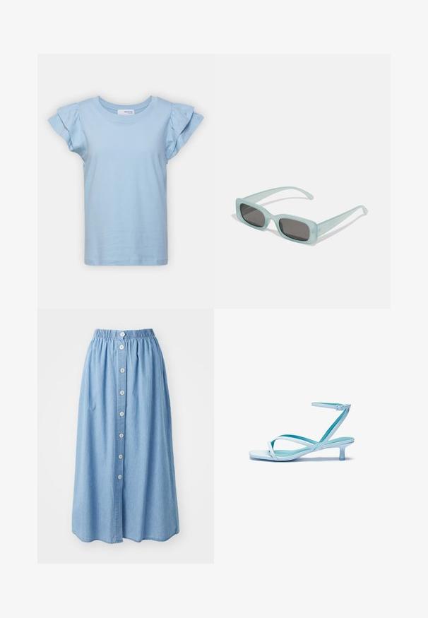 Selected SLFCAMILA RUFFLE TEE - T-shirt basic - sky blue; Lichtblauwe denim rok met een elastische tailleband en een rij van zes knopen aan de voorkant. Knie-lang met een losse, vloeiende stijl.; Lichtblauwe sandaal met bandjes, vierkante teen, lage hak, verstelbare enkelband en een gladde, glanzende afwerking. Kruisende bandjes op de voetbed.; Een paar rechthoekige zonnebrillen met lichtblauwe doorzichtige monturen en donkergrijze glazen, met rechte pootjes en minimale hardwaredetails.