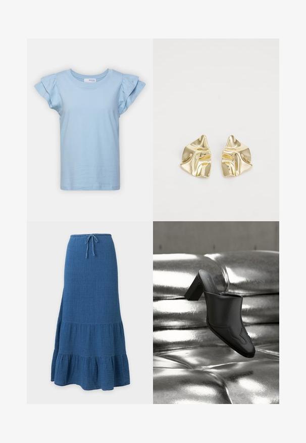 Selected SLFCAMILA RUFFLE TEE - T-shirt basique - sky blue; Jupe longue bleue avec ourlet à volants superposés et taille à cordon en tissu texturé.; Mule en cuir noir avec talon bloc reposant sur une surface argentée brillante capitonnée, mettant en valeur son design élégant et ses détails incurvés.; Boucles d'oreilles en métal doré avec un design ondulé ; surface lisse et réfléchissante ; forme asymétrique ; sans motifs ni éléments visibles.