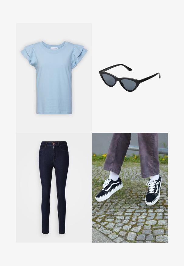 Selected SLFCAMILA RUFFLE TEE - Βασικό μπλουζάκι - sky blue; Σκούρο μπλε skinny τζιν φτιαγμένο από ντένιμ, με φερμουάρ και κουμπί για κλείσιμο, και αντίθετη ραφή κατά μήκος των ραφών.; Μαύρα σουέτ sneakers με λευκές λεπτομέρειες, διαθέτοντας στρογγυλή μύτη, παχύ λευκό πέλμα και κλασικό σχέδιο με κορδόνια, φορεμένα με λευκές κάλτσες και μωβ παντελόνι.; Μαύρα γυαλιά ηλίου cat-eye με σκούρους γκρίζους φακούς, κομψό πλαστικό σκελετό, μυτερές γωνίες και ίσιους βραχίονες. Χωρίς ορατό υλικό ή διακοσμητικά στοιχεία.