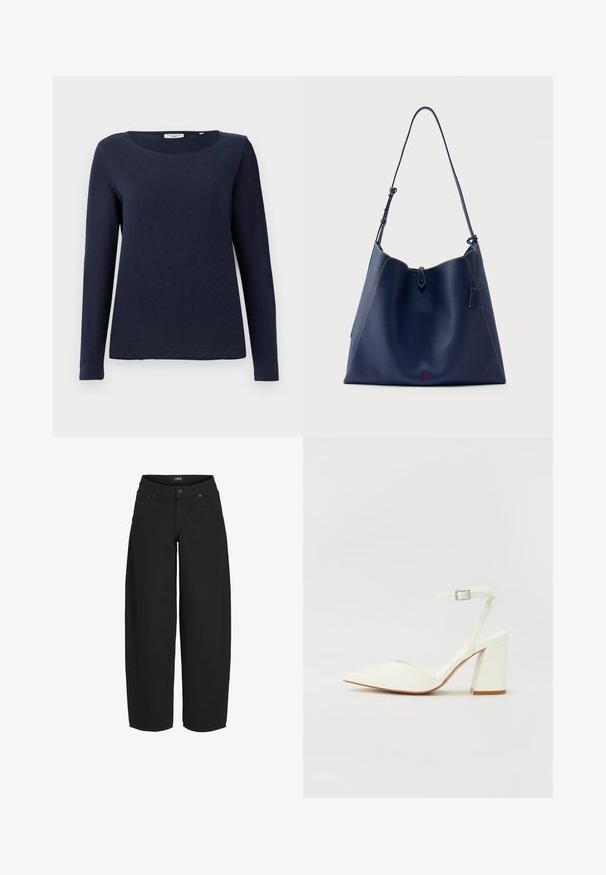Marineblå langærmet t-shirt, rund halsudskæring, blødt stof, afslappet pasform, ingen synlige mønstre eller dekorationer, enkelt og glat tekstur.; Sorte vidde-korte jeans med knap- og lynlåslukning foran, lommer foran og bagpå samt mærket bæltelabel.; Hvide hælede sandaler med spids tå, justerbar ankelrem og en kraftig firkantet hæl. Glat tekstur med minimale syninger.; Mørkeblå skuldertaske i læder med blød tekstur, åben top og justerbar rem. Har kontrastfarvet syning og en lille rød logo detalje.