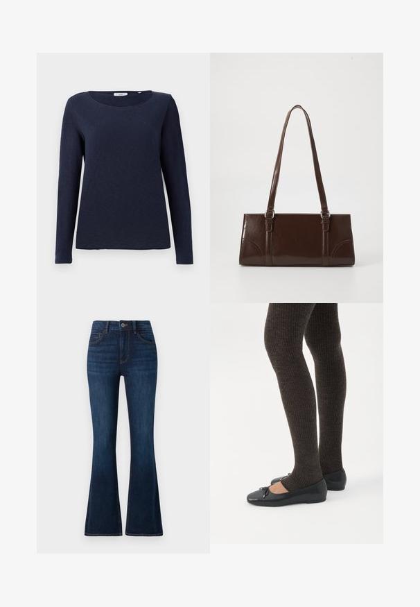 Marineblå langærmet t-shirt, rund halsudskæring, blødt stof, afslappet pasform, ingen synlige mønstre eller dekorationer, enkelt og glat tekstur.; TOM TAILOR STELLA darkblue; Ben iført mørke ribbede leggings kombineret med sorte balletsko med små sløjfedetaljer på hvid baggrund.; Brun lakeret håndtaske med rektangulær form, to lange håndtag og subtile buede detaljer på fronten.