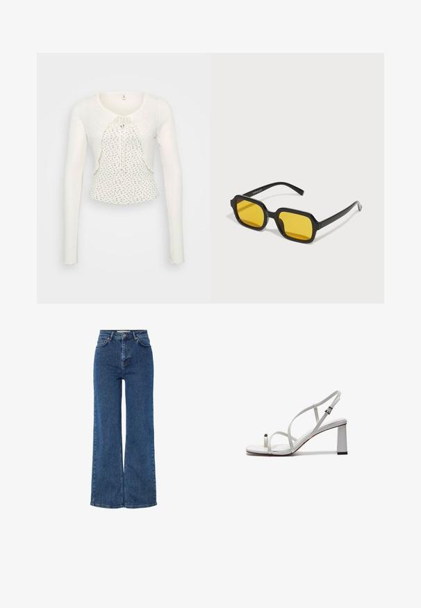 Weißer Pullover mit langen Ärmeln und rundem Halsausschnitt, strukturiertem Stoff, Frontknotenverschluss und gewelltem Saum mit kleinen Blumenmustern.; Hochtaillierte blaue Denim-Jeans mit weitem Bein, ausgestattet mit klassischem Fünf-Taschen-Design, Metallknopfverschluss und kontrastierenden Nähten.; Weiße Riemchensandale mit einem flachen Zehenriemen, einem Blockabsatz und einem verstellbaren Knöchelriemen mit einer metallischen Schnalle.; Schwarze rechteckige Sonnenbrillen mit gelben Gläsern. Merkmale sind dicke Rahmen und ein kantiges Design mit einer glatten, glänzenden Oberfläche.