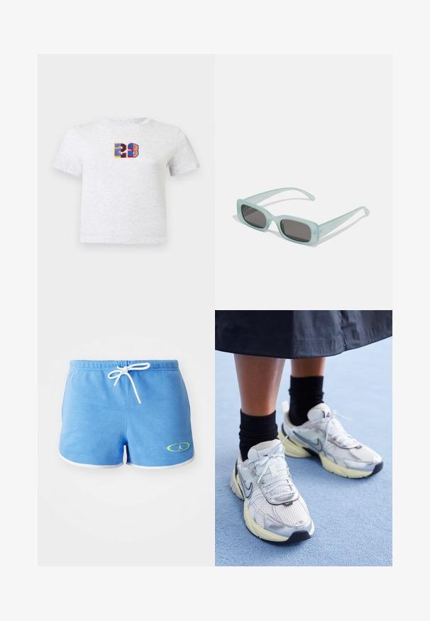 Hvid kortærmet t-shirt med farverigt blokstil nummer 23 centreret på brystet.; Lyseblå bomulds shorts med hvid snor, der har hvid kant og et logo med grøn akcent på nederste venstre side.; Hvide og sølv Nike sneakers med mesh-stof, reflekterende detaljer og en beige sål. Bæres med sorte sokker og står på en blå overflade.; Et par rektangulære solbriller med lyseblå gennemsigtige stel og mørkegrå linser, der har lige templer og minimale hardware detaljer.