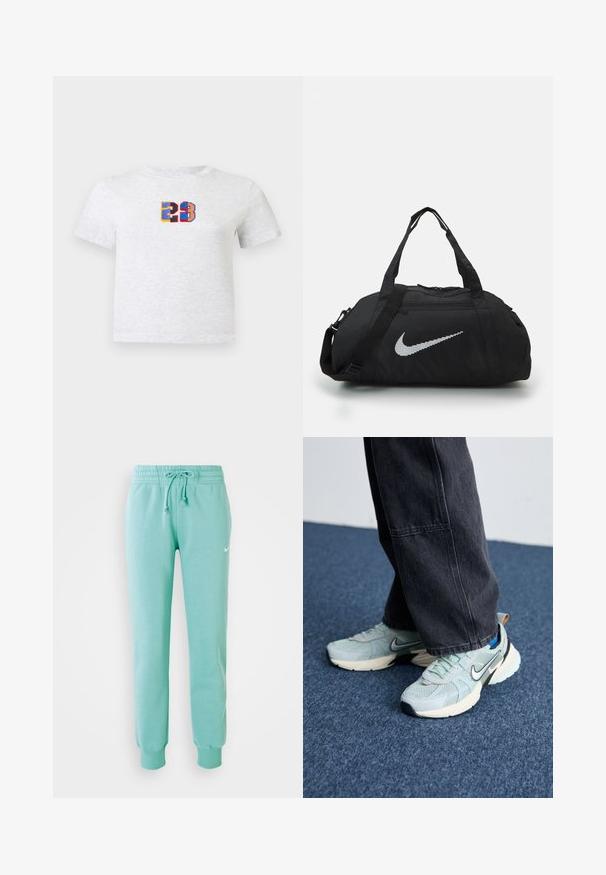Camiseta blanca de manga corta con el número 23 en estilo bloque de colores centrado en el pecho.; Pantalones de chándal verde menta con cintura elástica, cordón y puños acanalados. Cuenta con un pequeño logo blanco de Nike en el muslo izquierdo.; Zapatillas Nike de malla azul claro con un acabado texturizado, swoosh negro y suela media crema, combinadas con pantalones de pierna ancha gris oscuro.; Bolsa de deporte negra con un acabado de tela suave. Presenta un prominente logo reflectante de Nike y asas cortas, con una correa de hombro ajustable.