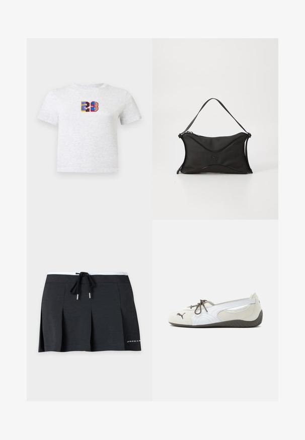 T-shirt blanc à manches courtes avec le numéro 23 coloré en style bloc centré sur la poitrine.; Mini-jupe noire avec plis devant, ceinture blanche et lien coulissant noir, avec petit texte blanc sur le côté inférieur.; Baskets blanches et grises à enfiler avec des lacets marron, logo Puma sur l'avant et semelle foncée texturée, montrées de profil sur fond blanc.; Sac à main noir en matériau doux et texturé. Présente un design ondulé, une bandoulière unique et un détail logo subtil à l'avant.