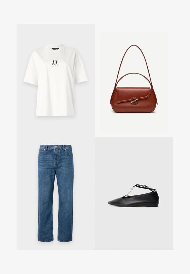 T-shirt en coton blanc avec des manches courtes, une coupe décontractée et un imprimé logo noir au centre devant. Texture lisse, sans motifs supplémentaires.; Jean en denim bleu avec une coupe droite et une taille haute. Les caractéristiques incluent des poches avant, une fermeture à bouton et des détails de couture subtils.; Ballerines noires en cuir avec un bout pointu, un design découpé, une bride à la cheville et un accent en chaîne dorée. Texture lisse, talon minimal.; Sac à bandoulière en cuir marron de forme rectangulaire arrondie, rabat asymétrique, fermoir circulaire argenté et deux fines bretelles.