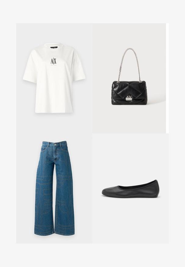 T-shirt en coton blanc avec des manches courtes, une coupe décontractée et un imprimé logo noir au centre devant. Texture lisse, sans motifs supplémentaires.; Jeans évasés en denim bleu moyen avec des motifs de couture contrastants et plusieurs designs de poches. Taille haute avec une fermeture à bouton.; Ballerines en cuir noir avec un bout rond, texture lisse, détails de couture minimalistes et design de semelle flexible.; Sac à main en cuir matelassé noir avec bandoulière chaîne argentée et logo argenté Armani Exchange sur le rabat avant.