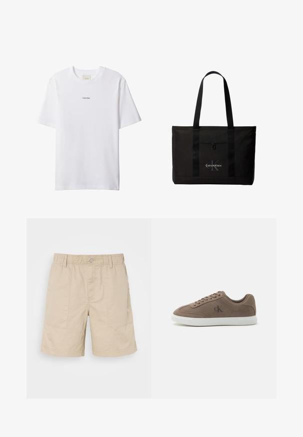 Camiseta blanca de algodón con cuello redondo y mangas cortas. Cuenta con un pequeño logo negro de "Calvin Klein" centrado en el pecho.; Pantalones cortos de algodón beige con cintura elástica, botón delantero y dos bolsillos laterales. Presenta costuras sutiles y un pequeño logotipo en el lateral.; Zapatilla baja de ante color topo con cordones beige, suela de goma blanca y sutil logotipo "cK" en el lateral.; Bolso tote negro de Calvin Klein con dos asas largas y bolsillo delantero, con el logo de la marca en blanco y gris.