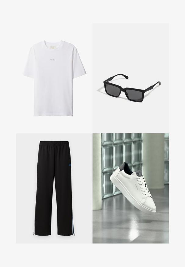 Camiseta blanca de algodón con cuello redondo y mangas cortas. Cuenta con un pequeño logo negro de "Calvin Klein" centrado en el pecho.; Pantalones de chándal negros con cintura elástica, cremalleras laterales y acentos azules en las costuras exteriores. Tejido suave con un diseño de pierna recta.; Zapatilla de cuero blanca con talón y lengüeta negras, diseño con cordones, marcado GANT en el lateral y la lengüeta, exhibida en un ambiente interior moderno.; Gafas de sol negras con lentes rectangulares, acabado mate, montura gruesa y brazos delgados con un discreto detalle de marca.