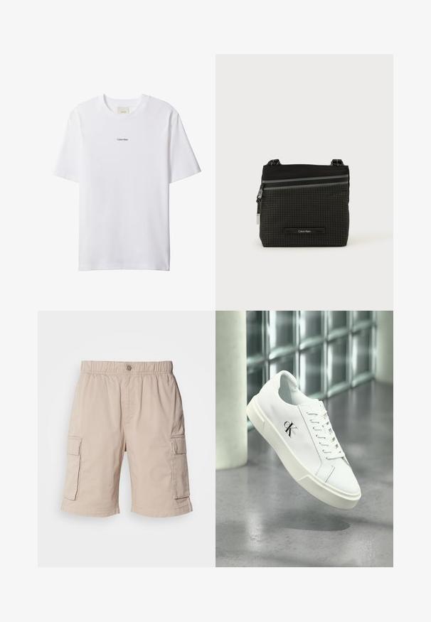 Weißes Baumwoll-T-Shirt mit Rundhalsausschnitt und kurzen Ärmeln. Auf der Brust zentriert befindet sich ein kleines schwarzes "Calvin Klein"-Logo.; Beige Cargo-Shorts mit elastischem Bund, Knopfverschluss, zwei Seitentaschen und zusätzlichen Taschen an den Oberschenkeln. Leichter Stoff.; Weißer Calvin Klein Sneaker mit Schnürsenkeln, schwebend über einem polierten Betonboden und einer Glasbausteinwand im Hintergrund dargestellt.; Schwarze und graue Calvin Klein Umhängetasche mit Karomuster, Frontreißverschlusstasche und verstellbarem Riemen vor weißem Hintergrund.
