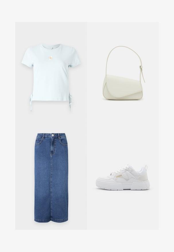 Lichtblauw katoenen T-shirt met korte mouwen, zijstrikjes en een geborduurd madeliefje met daaronder het woord "Smile".; Denim maxi rok in donkerblauw, met een rechte snit, een tailleband met knoopsluiting en minimale stikdetails.; Witte sneakers met een chunky ontwerp, gemaakt van leren en synthetische materialen, met textuurovereenkomsten, veters en een prominent logo in goud.; Witte nepleren handtas met een gestructureerde driehoekige vorm, een enkele verstelbare schouderriem en een klep met ronde accenten.