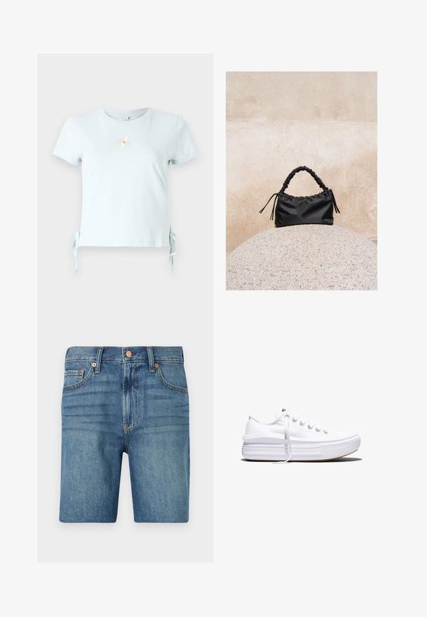 T-shirt en coton bleu clair avec des manches courtes, des liens sur les côtés et un motif de marguerite brodé avec le mot "Sourire" en dessous.; Shorts en denim bleu clair, présentant une coupe classique, cinq poches et des accents cuivrés pour le contraste. Tissu texturé de poids moyen.; Baskets basses blanches en toile avec semelle plateforme épaisse, lacets sur le devant et embout en caoutchouc texturé, vues de profil.; Sac à main noir froncé avec une poignée froncée, posé sur une sphère en pierre texturée devant un mur en béton beige.